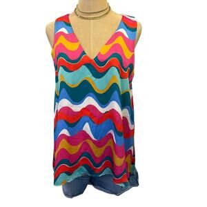 ADRIENNE Colorful Wave Print Tank Top Shirt Blouse size S